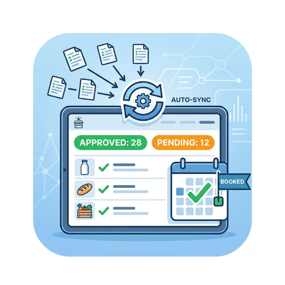 A digital dashboard interface showing vendor applications automatically syncing into an approved calendar schedule.