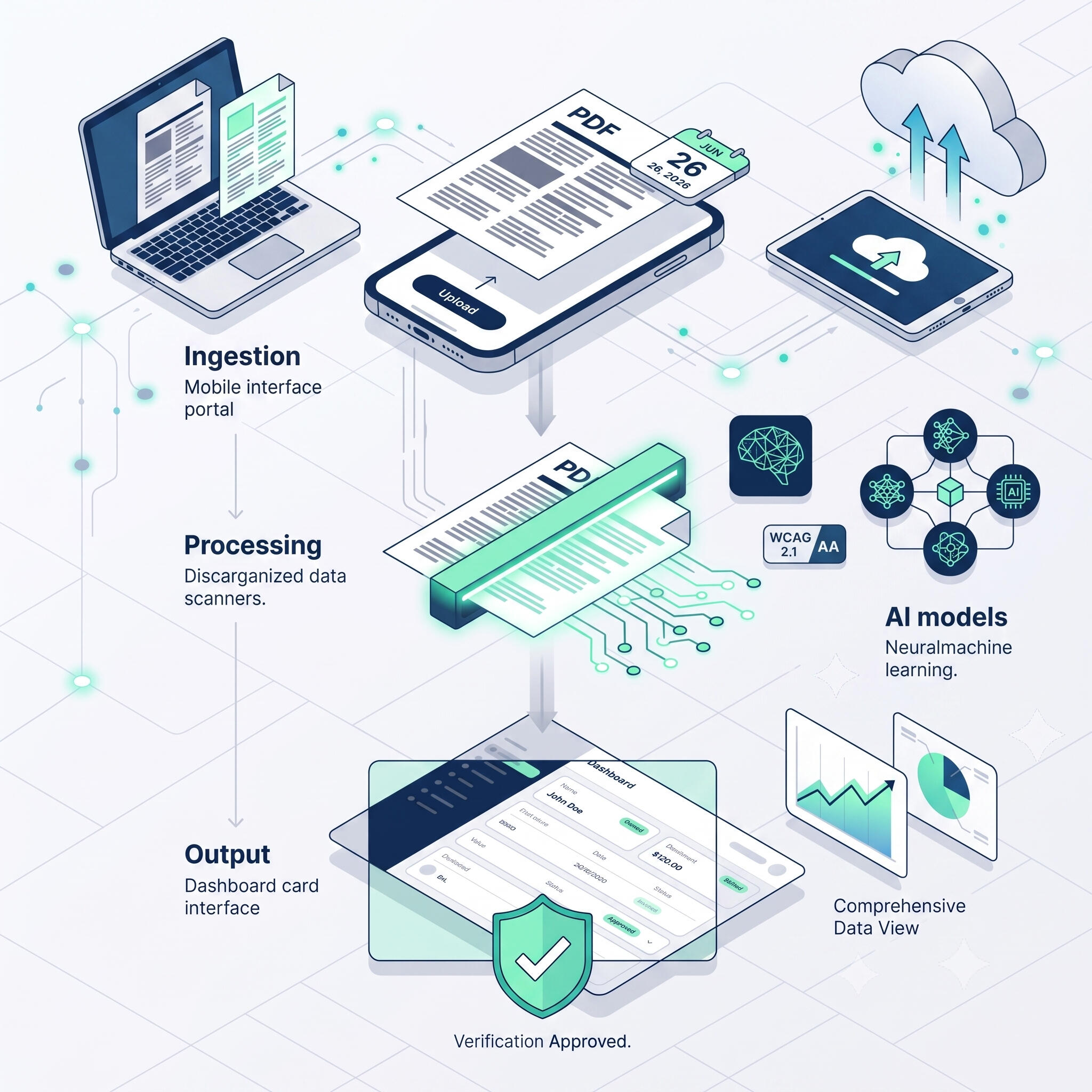 An isometric diagram illustrating the Local Market Hub software workflow, showing data moving from mobile ingestion, through an AI processing and verification scanner, and outputting to a secure, approved dashboard.