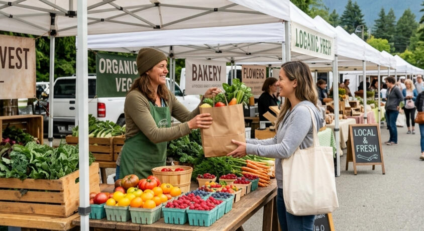 A farmer is handing a bag of fresh produce to a customer across the table of vegetables at a busy outdoor farmers' market.