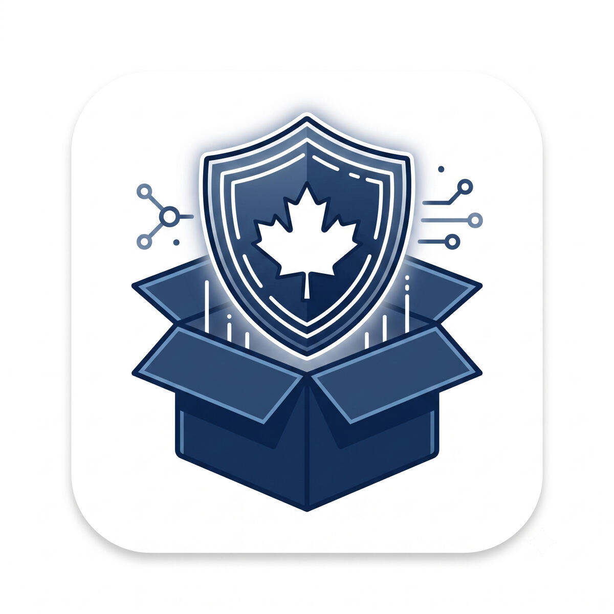 A digital icon showing a secure glowing shield with a Canadian maple leaf emerging from an open cardboard box.