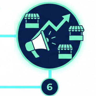 A digital icon showing an upward-trending chart emerging from a megaphone next to market stalls, representing step six: market growth and public relations.