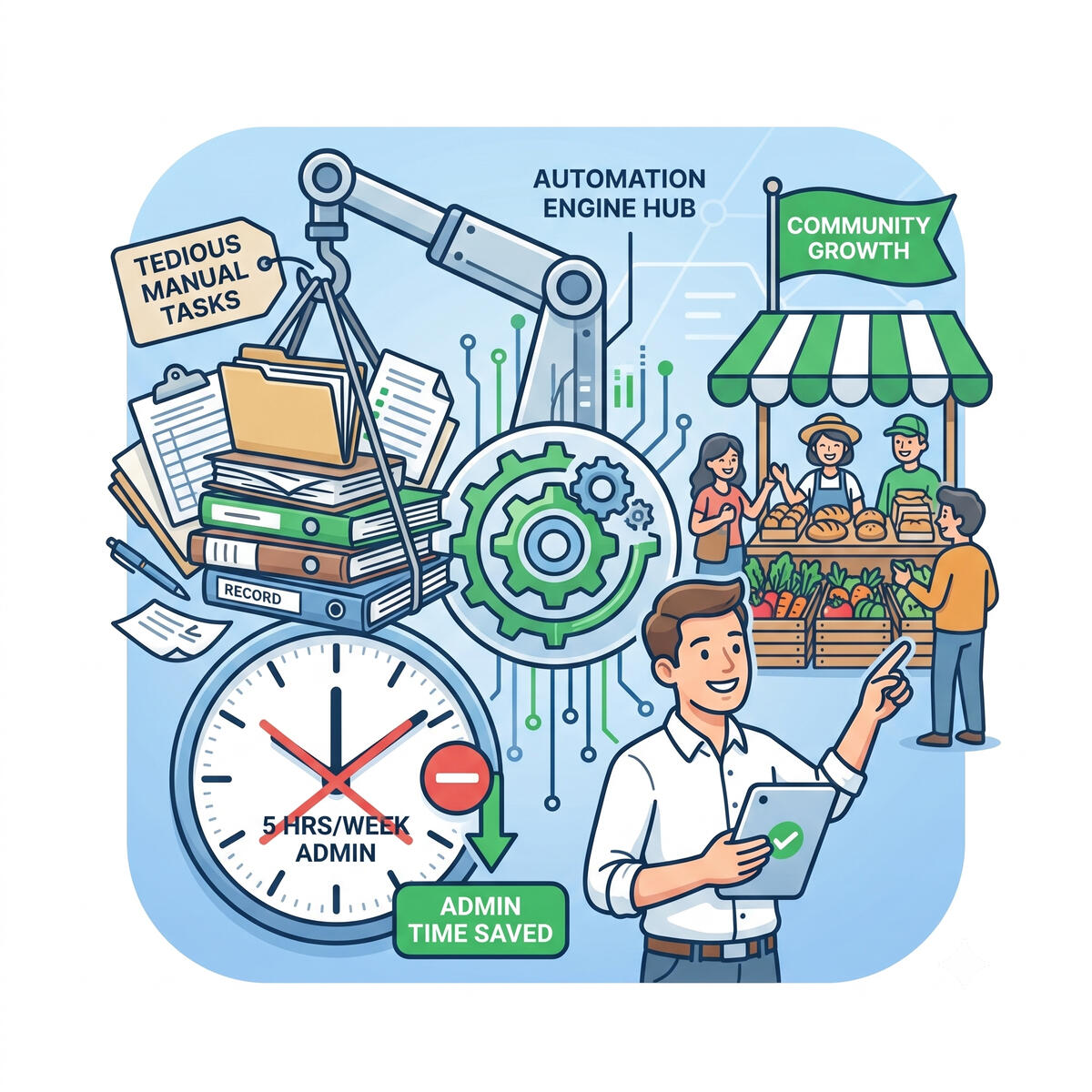 An illustration showing an automated machine converting a chaotic pile of paperwork into reclaimed time, allowing a market manager to focus on vendors.
