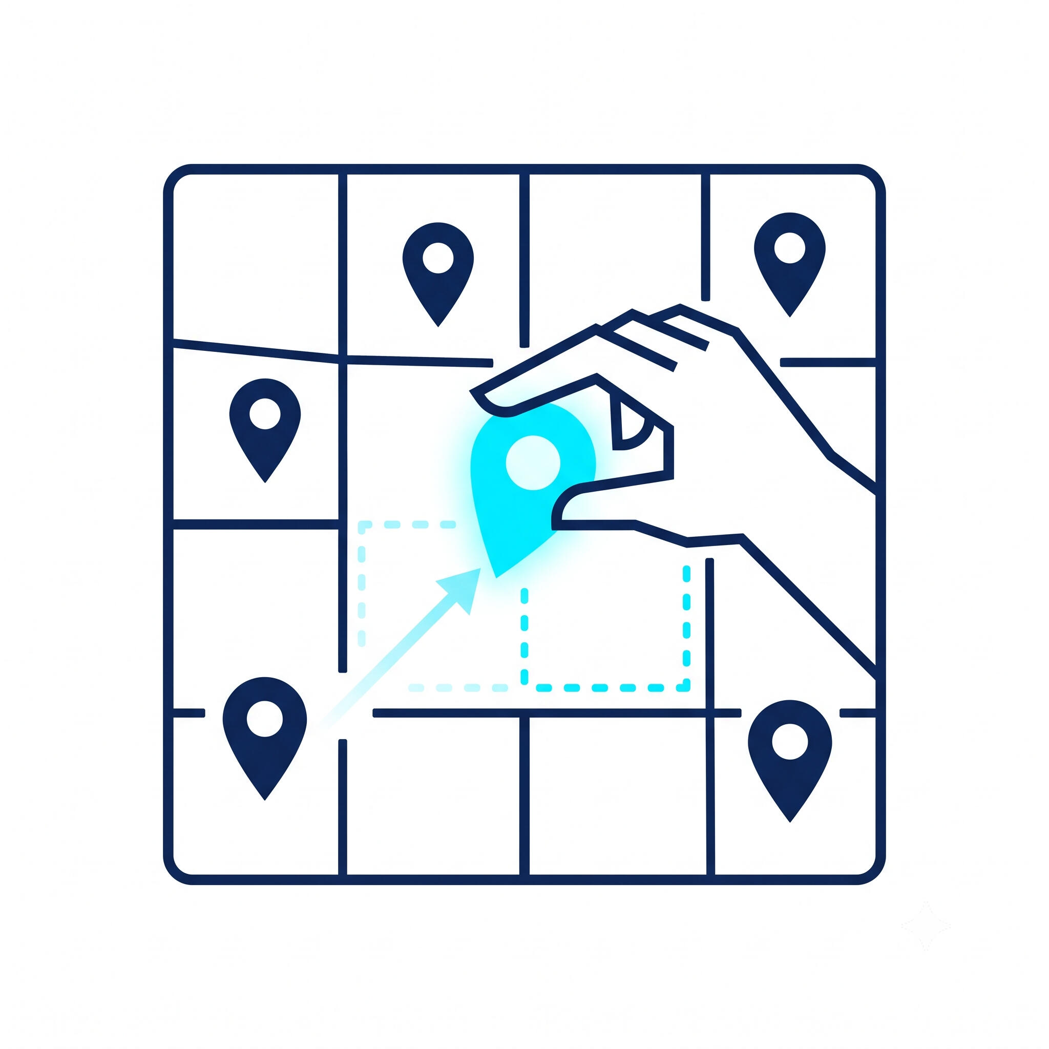 An icon showing a digital map grid where a hand cursor is dragging and dropping a glowing location pin into an empty booth space.