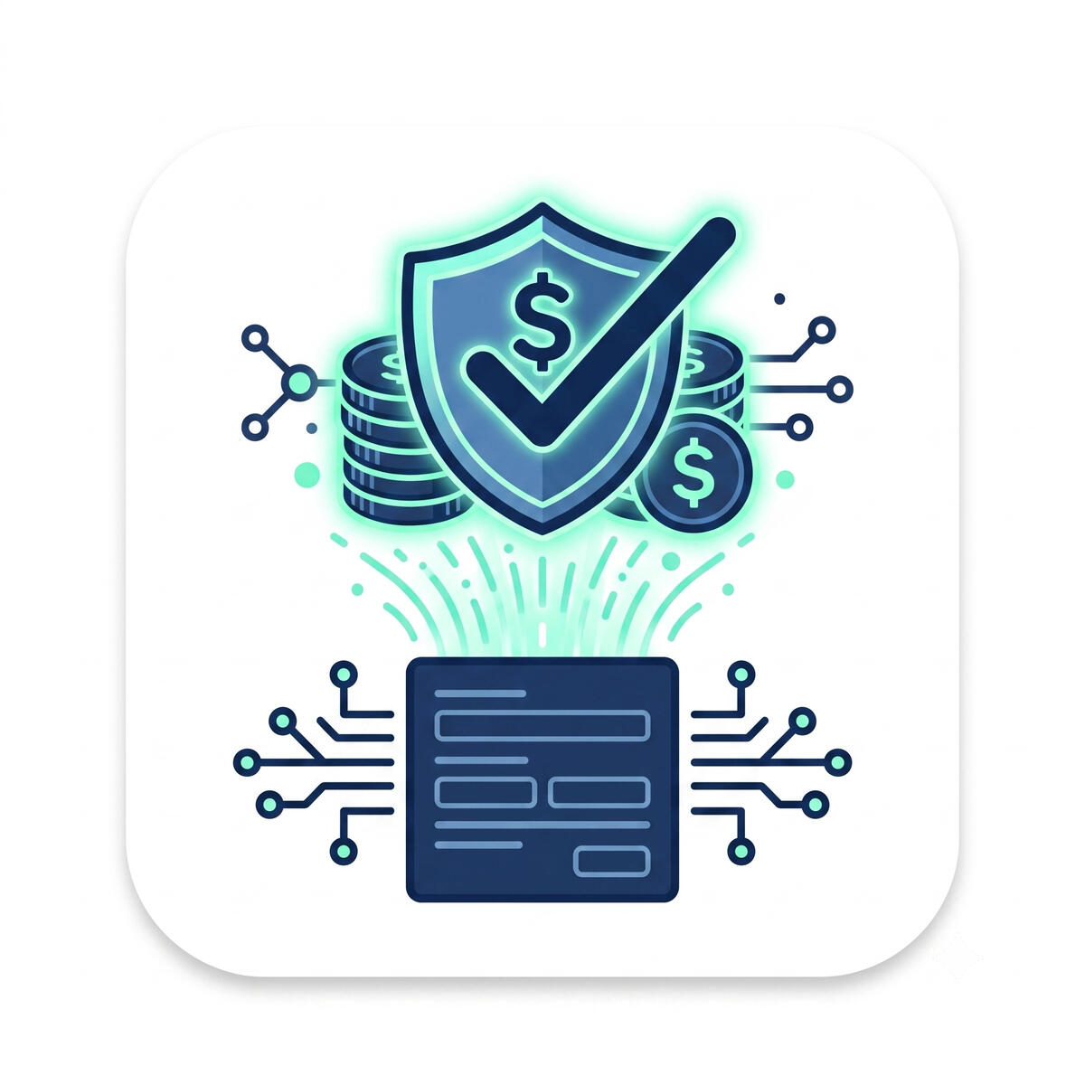 A digital icon showing a secure glowing shield with a checkmark and dollar signs, hovering above a computer processing unit.