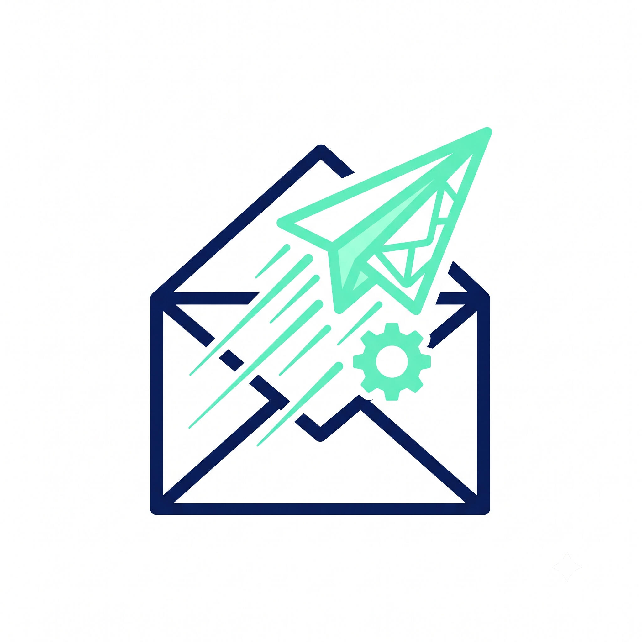 A digital icon showing an open envelope with a paper airplane launching upward, featuring a small gear symbol to represent automated email delivery.