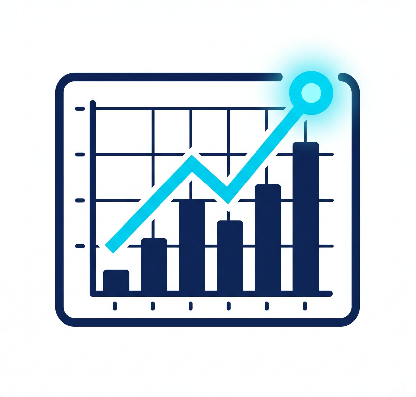 A digital dashboard icon displaying a dark blue bar graph with a glowing cyan trend line pointing upwards, representing real-time analytics.