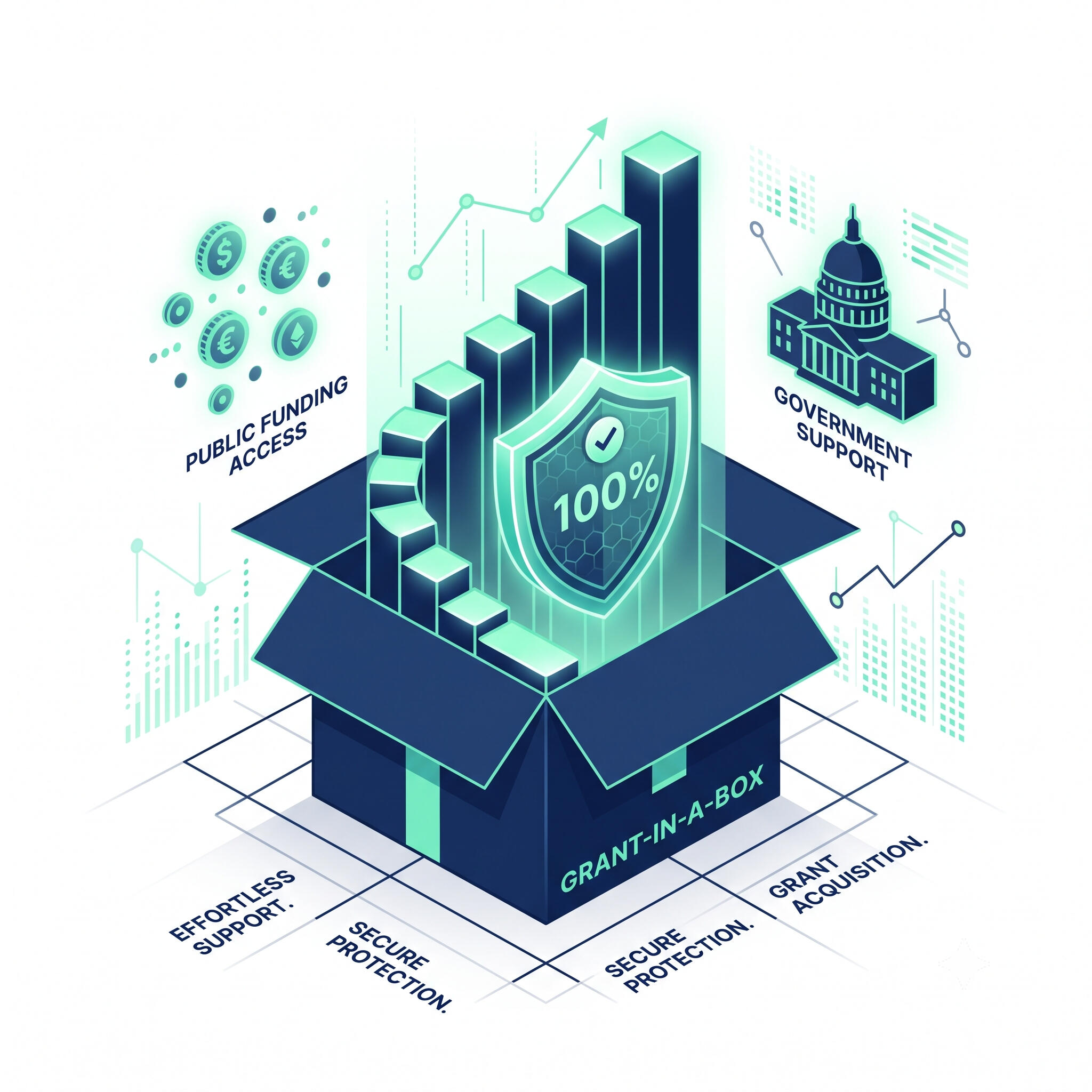 An isometric graphic showing a glowing secure shield marked 100% and an upward-trending bar chart emerging from a box labeled 'Grant-in-a-Box', with arrows indicating public funding access from a government building.