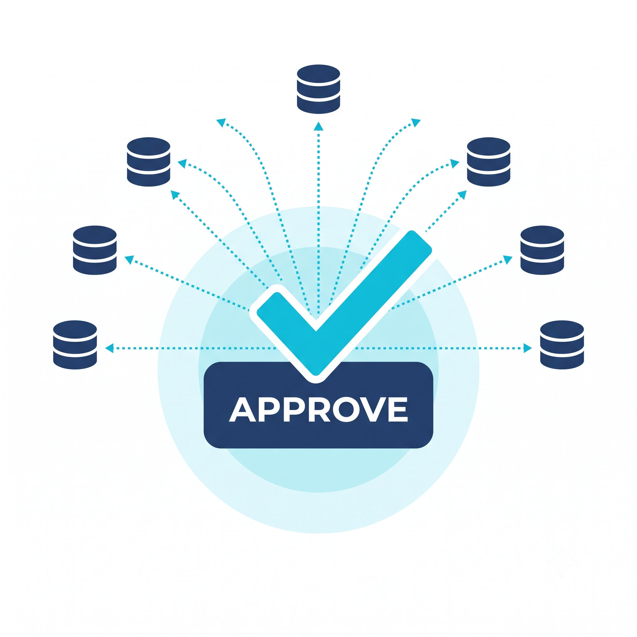 A digital icon showing a central Approve button with a checkmark, with dotted lines automatically routing data outward to multiple connected database nodes.