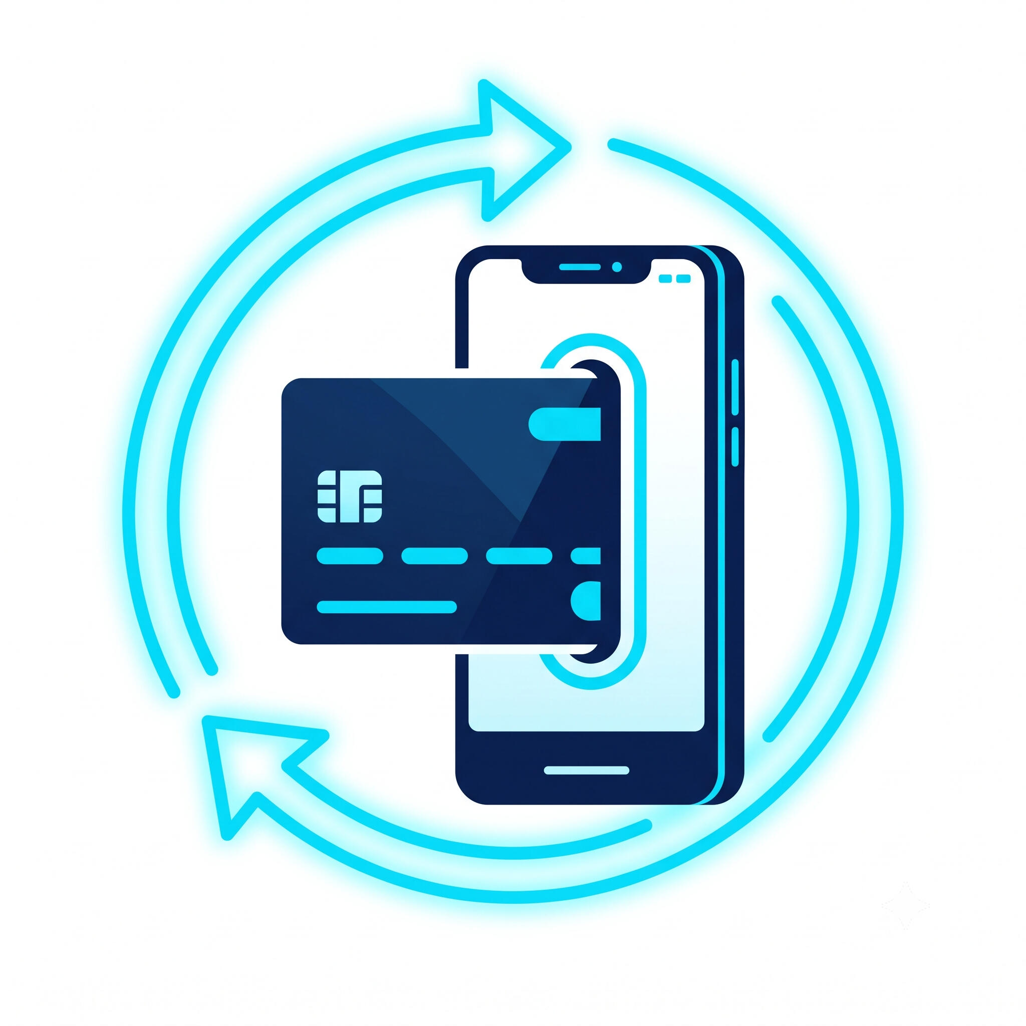 A digital icon showing a credit card sliding into a smartphone, surrounded by glowing circular arrows representing automated payment processing.