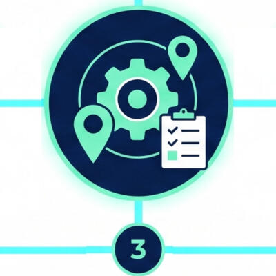 A digital icon showing a software gear integrating with a regional map pin and a checklist, representing step three: municipal customization.